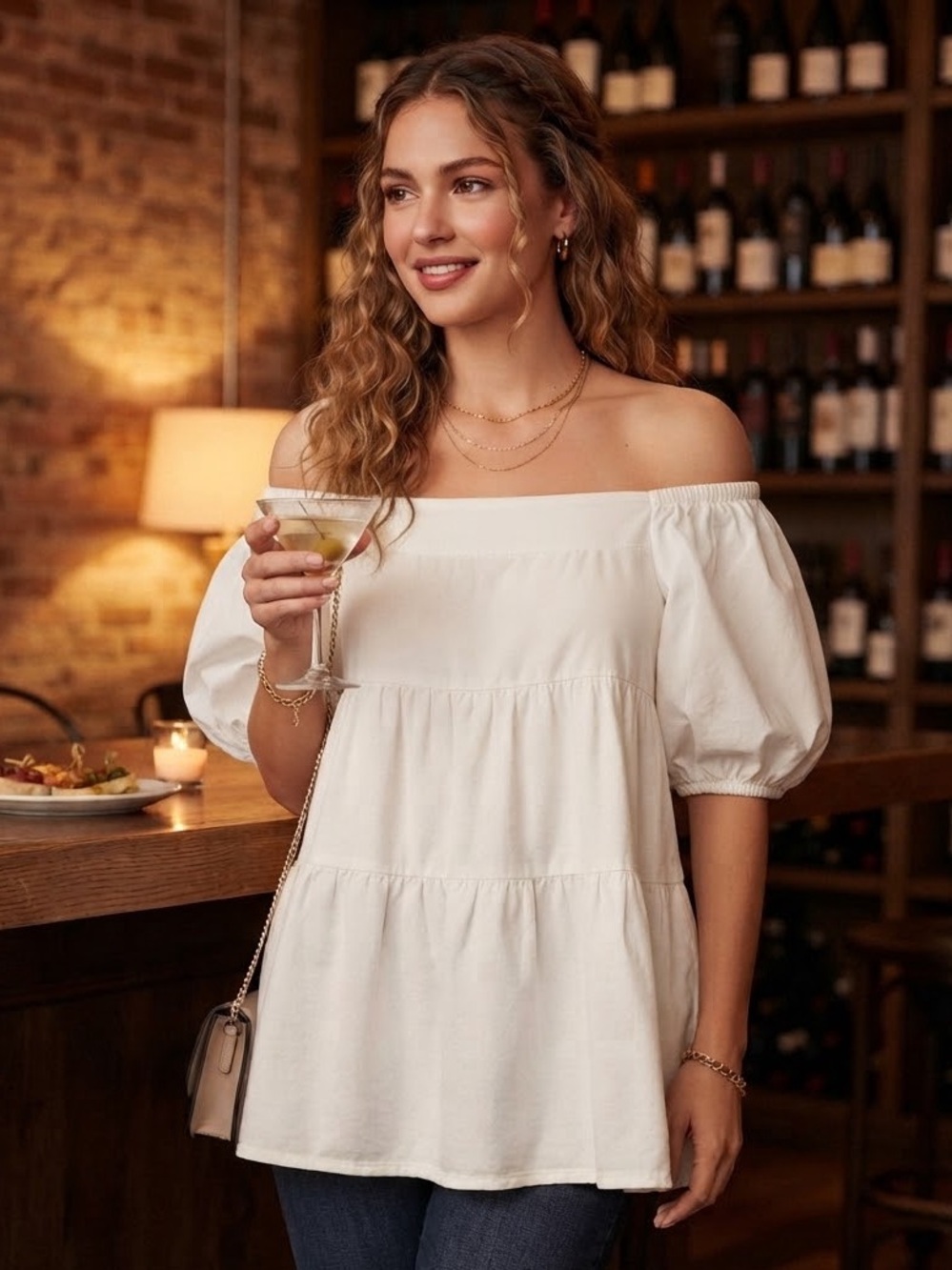 Shinestar Off-Shoulder White Puff-Sleeve Peplum Tunic Cottagecore Size Small